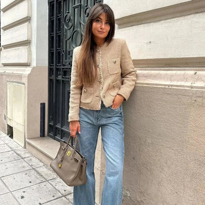 Women's Tweed Cropped Jacket Long Sleeve Beige - VibreMode