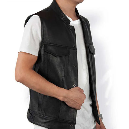 Men's Leather Vest Genuine Soft Zipper Collar