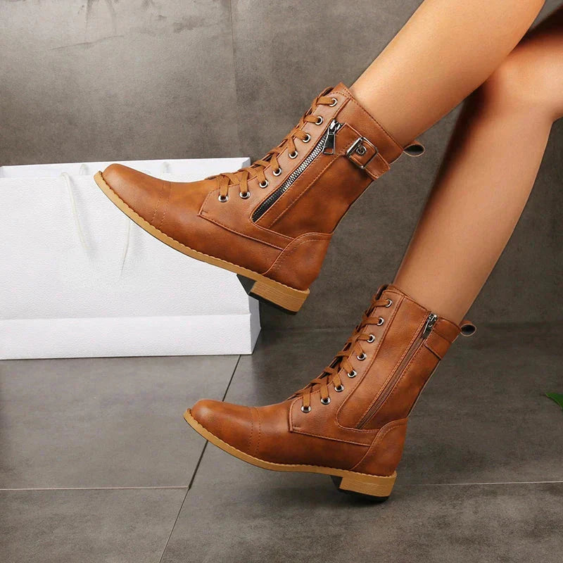 Women's Mid-Calf Combat Boots Lace-Up Buckle Black - VibreMode