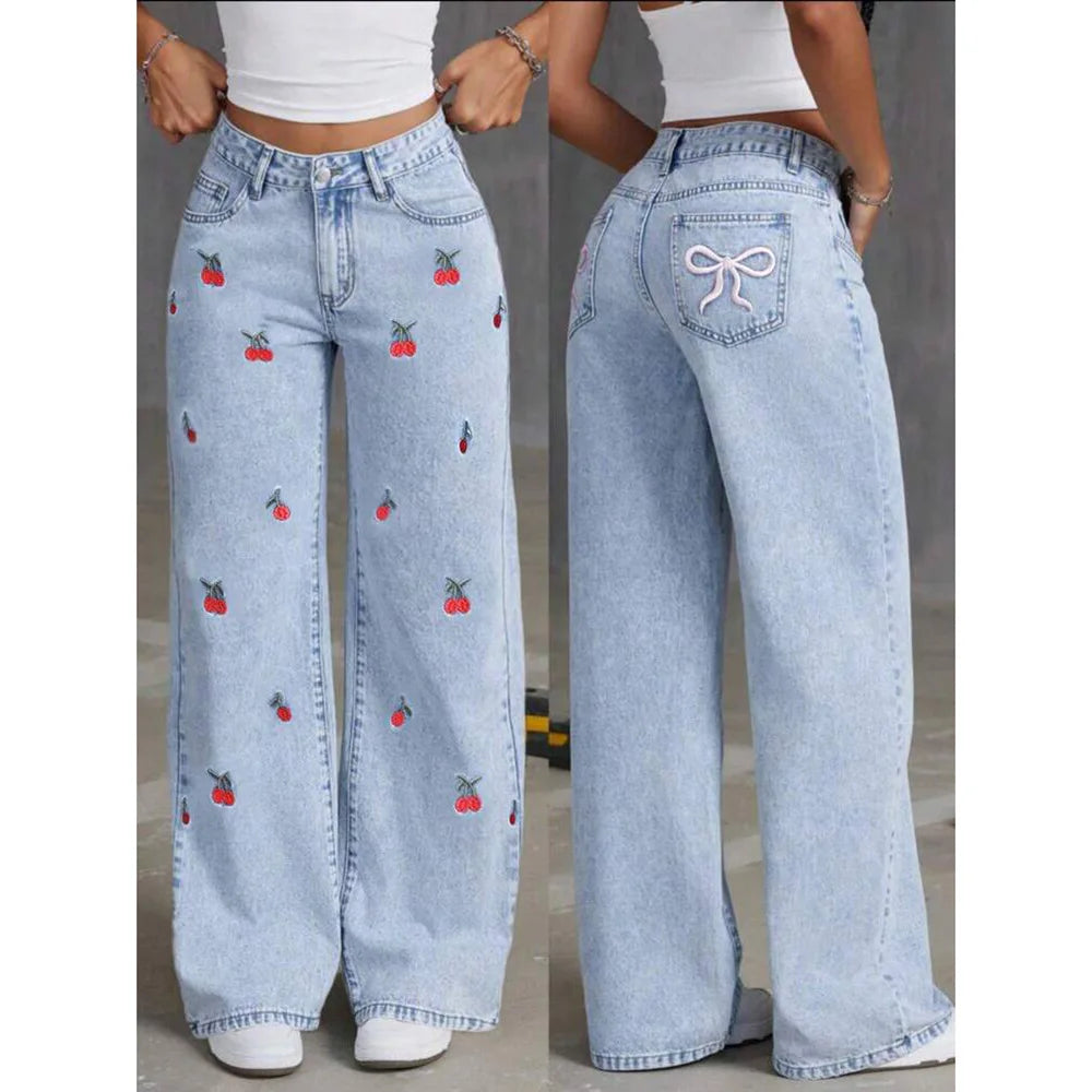 Women's High Waist Wide Leg Distressed Denim Jeans Blue