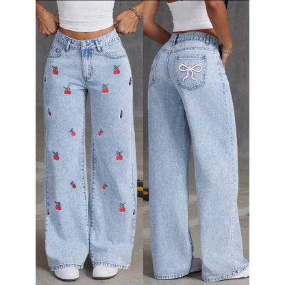 Women's High Waist Wide Leg Distressed Denim Jeans Blue