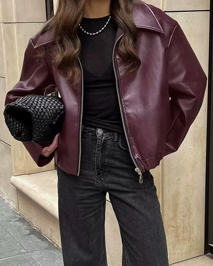 Women's Leather Jacket Zipper Front Classic Lapel Collar - VibreMode