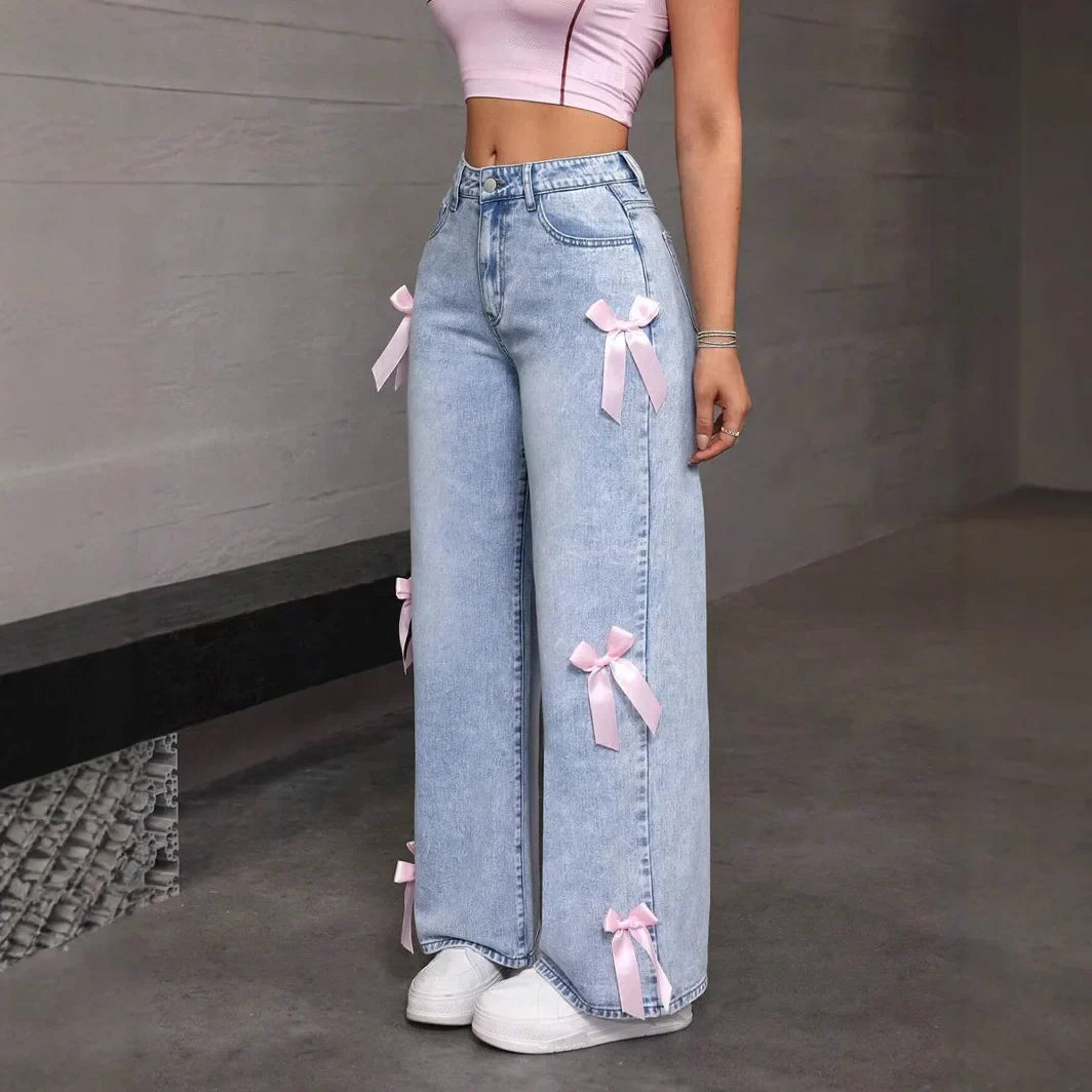 Women's Wide Leg Jeans High Waist Distressed Denim Blue