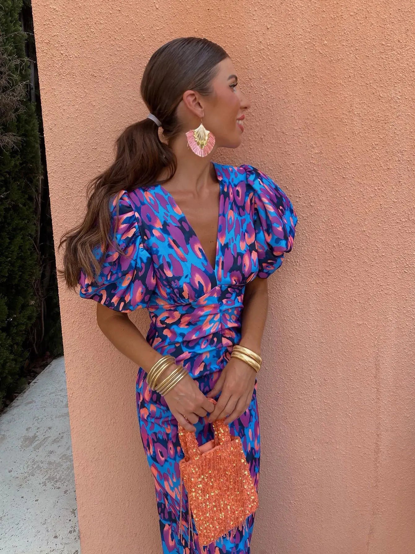 Vibrant Floral Puff Sleeve Midi Summer Dress