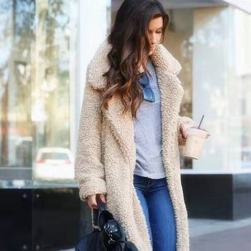 Women's Long Teddy Coat Oversized Warm Beige - VibreMode