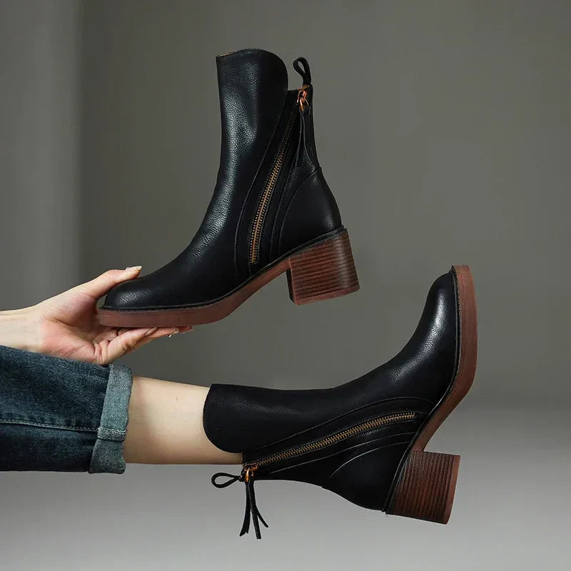 Women's Ankle Boots Chunky Sole Tassel Accent Brown - VibreMode