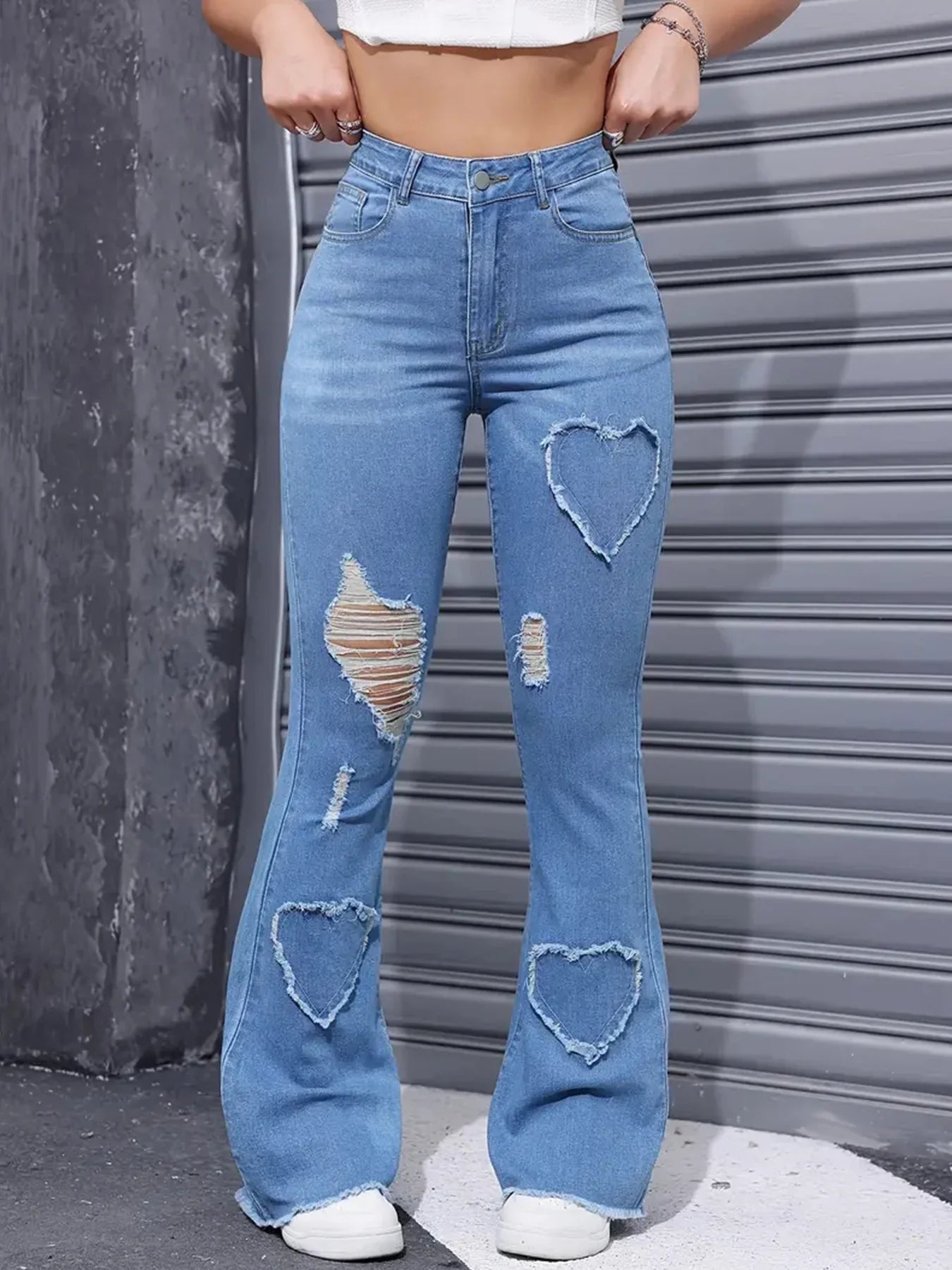 Women's Distressed Jeans Embroidered Patches High Elastic Denim