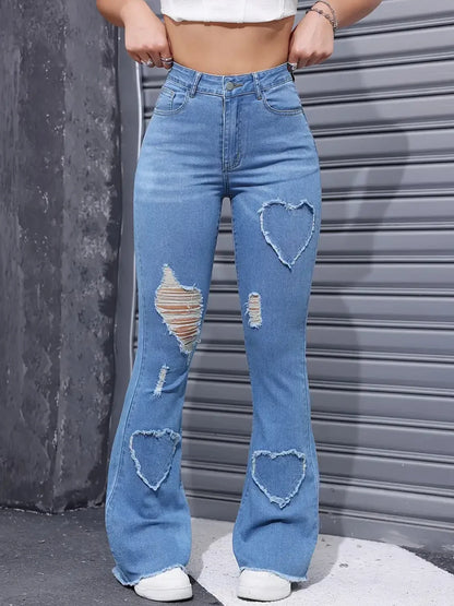Women's Distressed Jeans Embroidered Patches High Elastic Denim