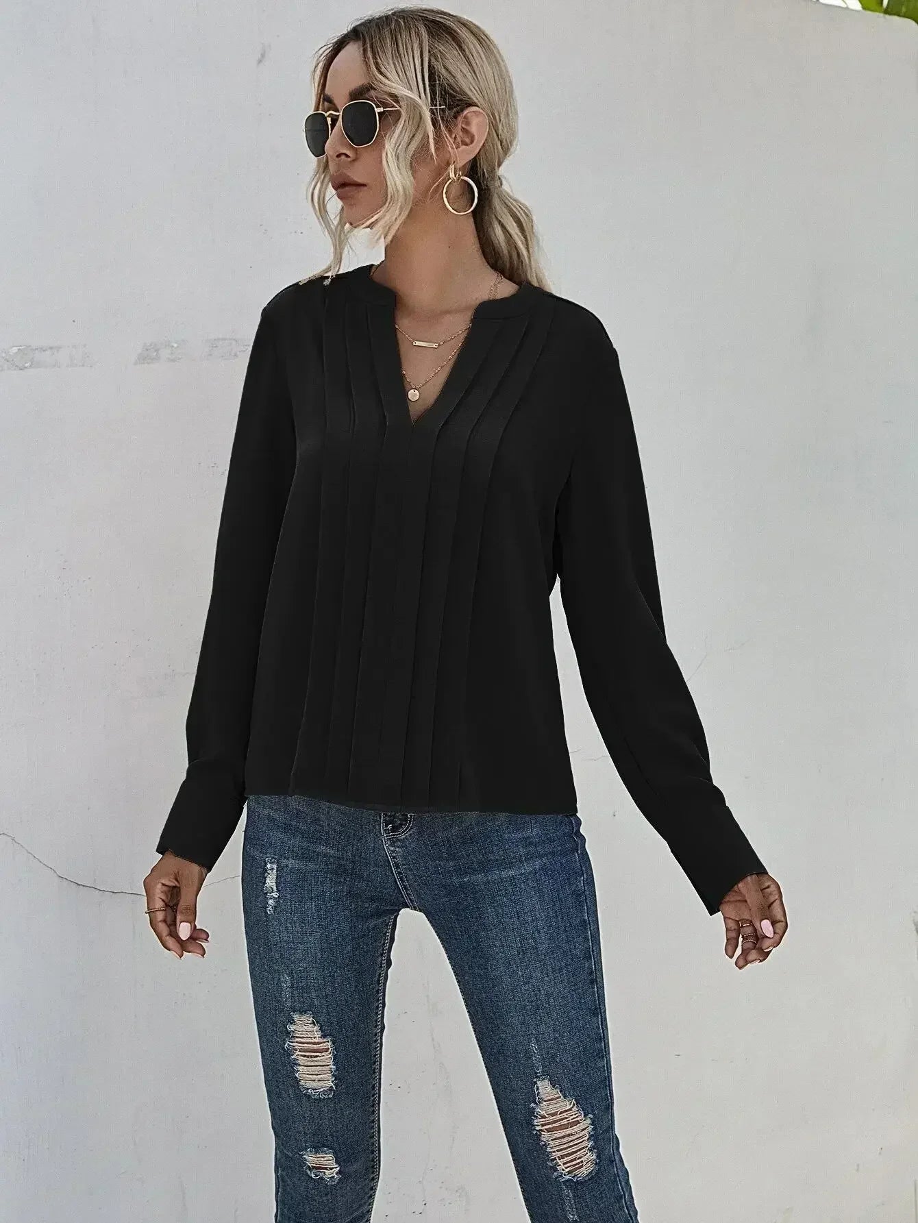 Women's V-Neck Long Sleeve Pleated Blouse