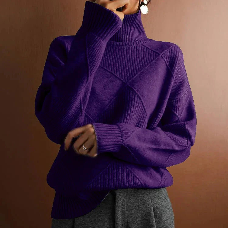 Women's Relaxed Fit Turtleneck Sweater Geometric Ribbed - VibreMode