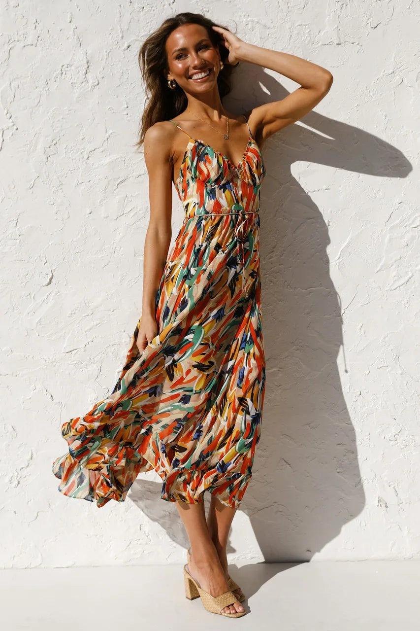 Women's Midi Dress Spaghetti Strap Abstract Print Ruffle Hem