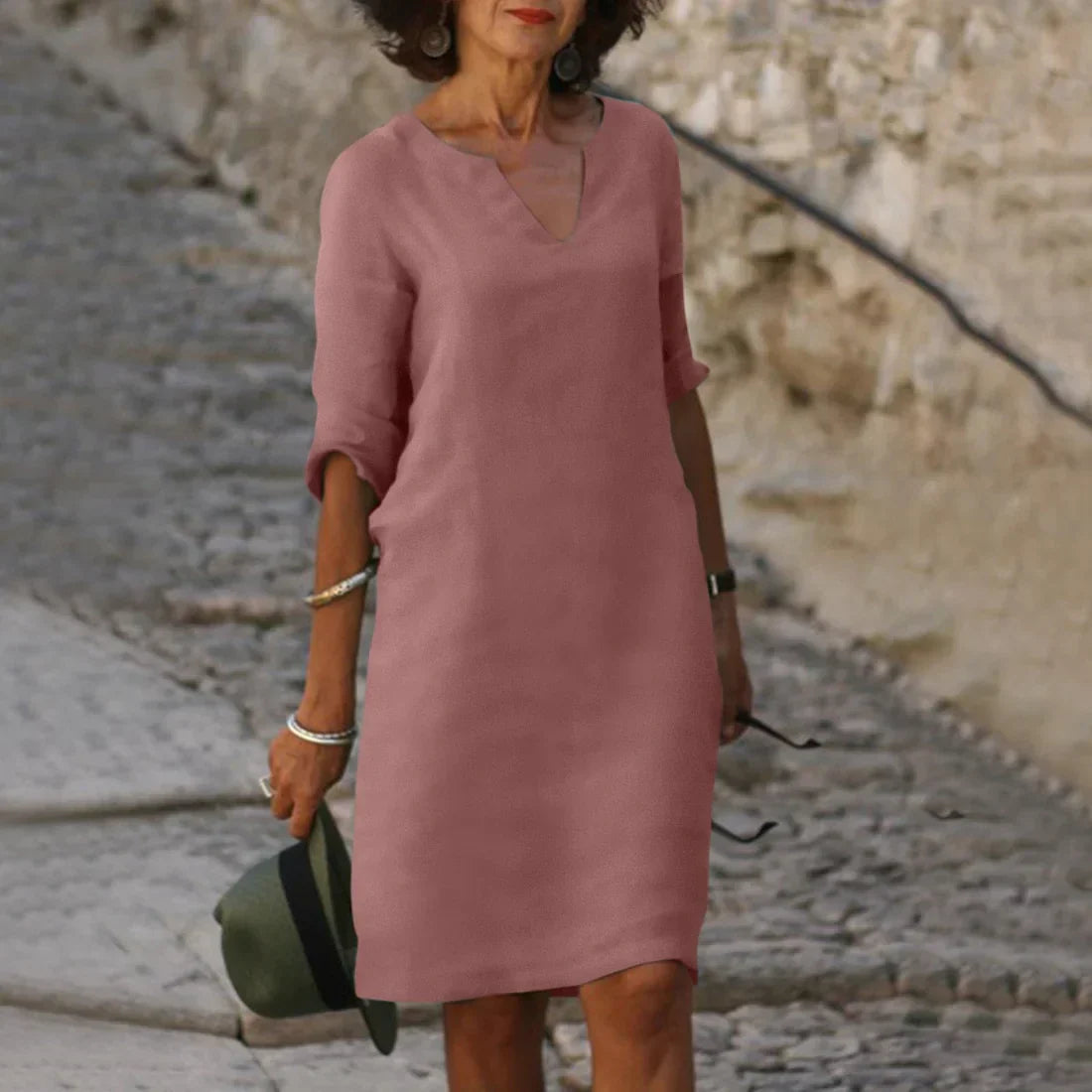 Women's V-Neck Mini Dress 3/4 Sleeves