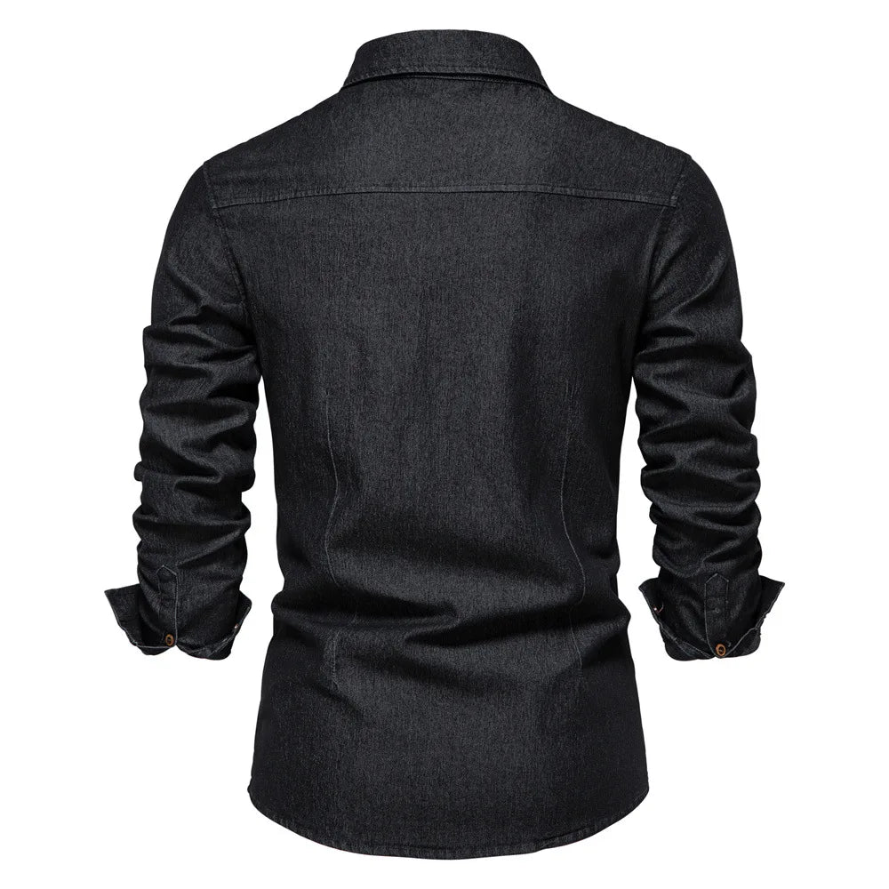 Men's Long Sleeve Button Shirt Cotton Contrast Dual Pocket