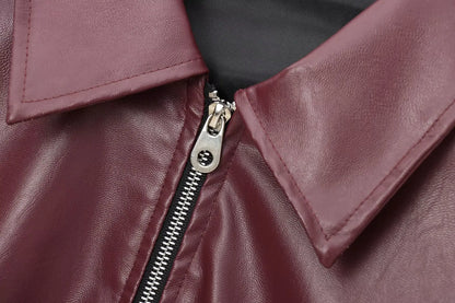 Women's Leather Jacket Zipper Front Classic Lapel Collar