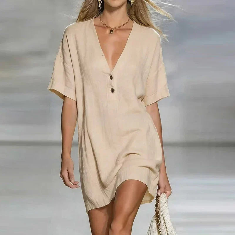 Women's V Neck Linen Shirt Dress