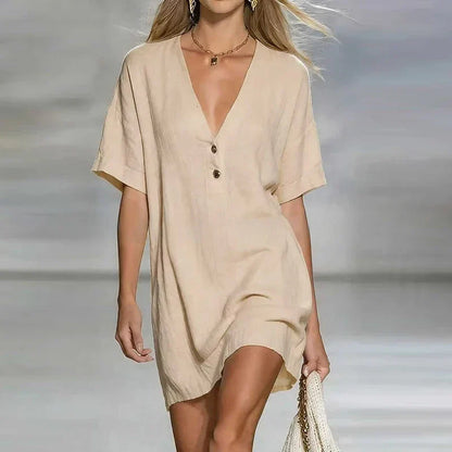 Women's V Neck Linen Shirt Dress