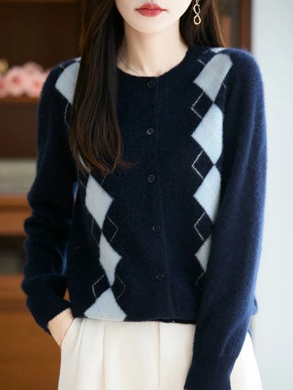 Merino Wool Blend Argyle Cardigan