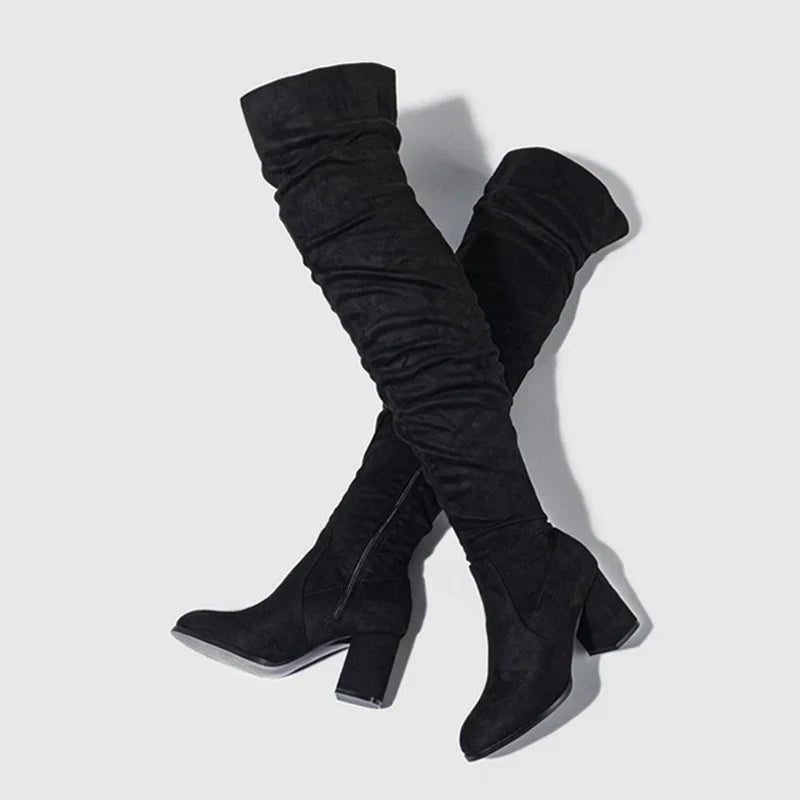Women's Knee High Boots Pointed Toe Block Heel Slouch Black