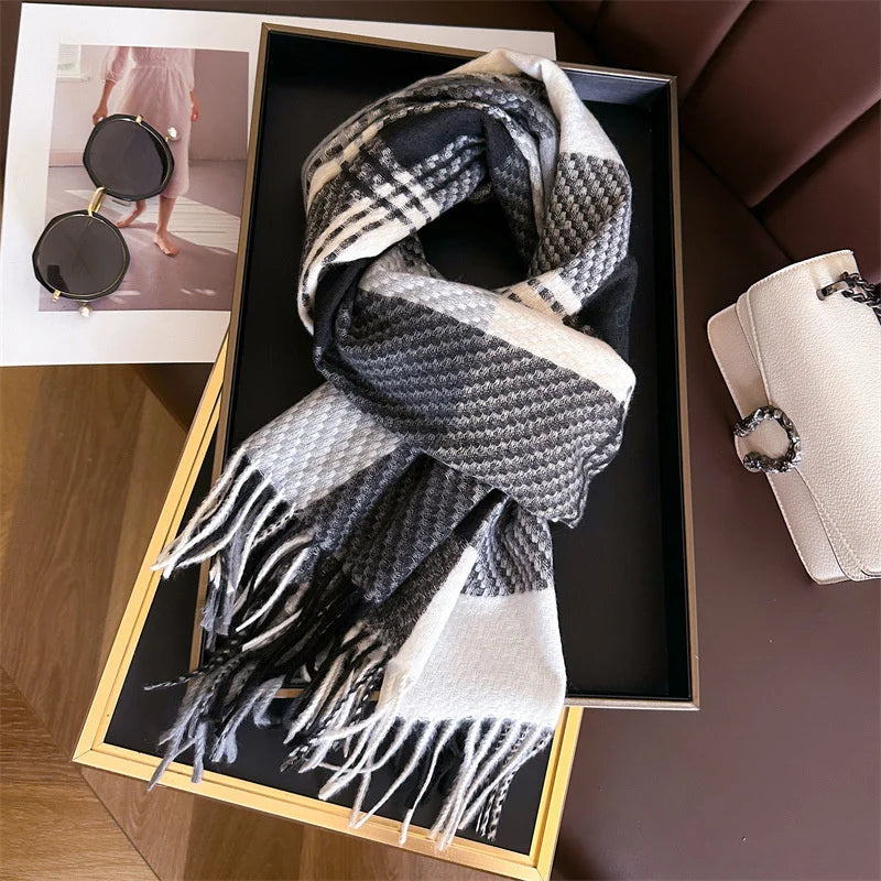 Womens Plaid Scarf Tassel Wool Red