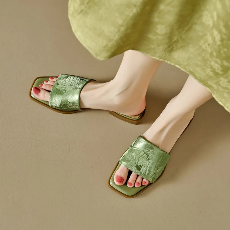 Women's Floral Sandals Square Toe Embossed Brown