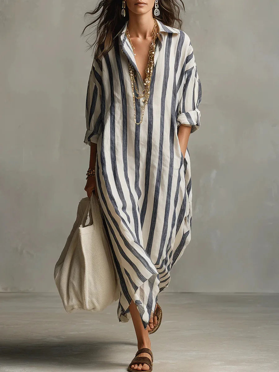 Women's Linen Long Shirt Dress - VibreMode