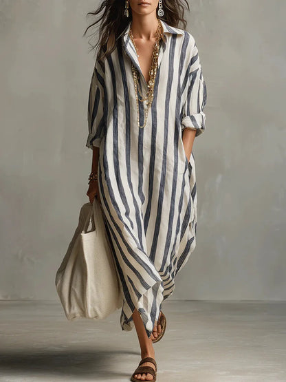 Women's Linen Long Shirt Dress - VibreMode