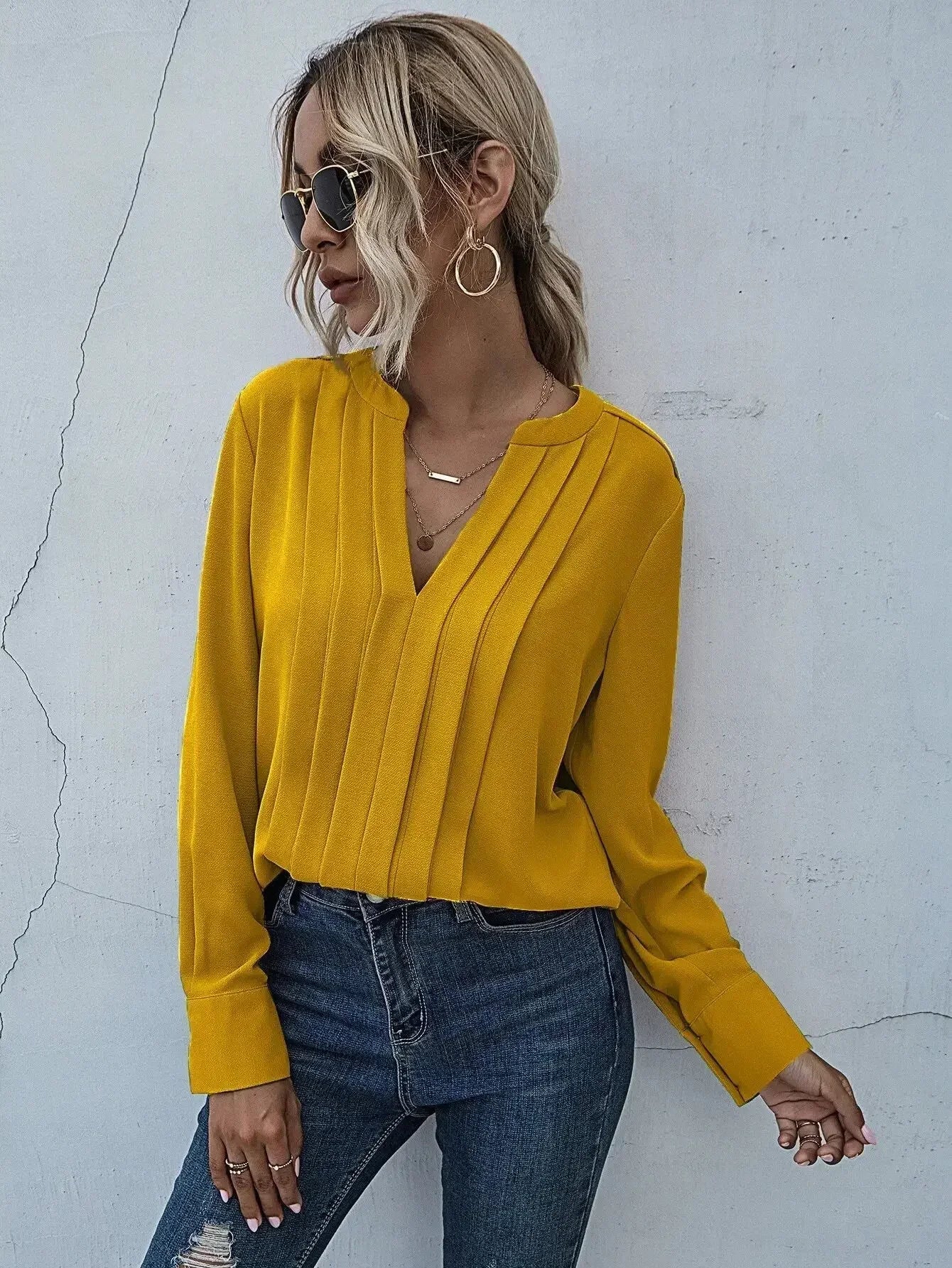 Women's V-Neck Long Sleeve Pleated Blouse