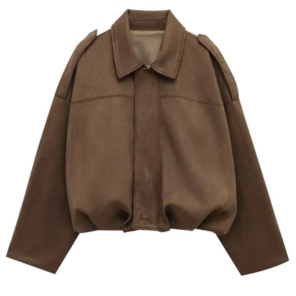 Women's Cropped Bomber Jacket Lapel Collar Zip Front