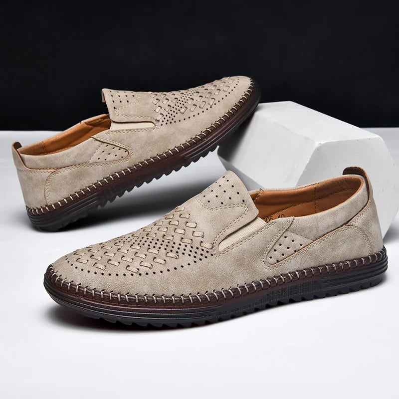 Men's Perforated Loafers Textured Leather Upper