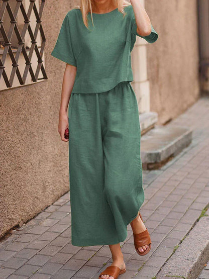 Women's Summer Two Piece Crew Neck T-Shirt And Pants