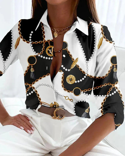 Women's Printed Collared Button-Front Blouse