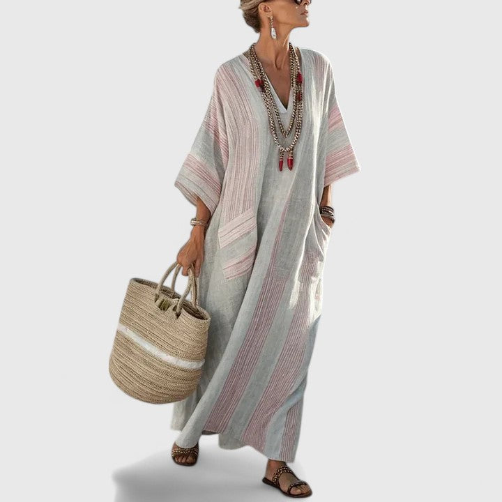 Relaxed Fit Women's Striped Linen V Neck Maxi Dress