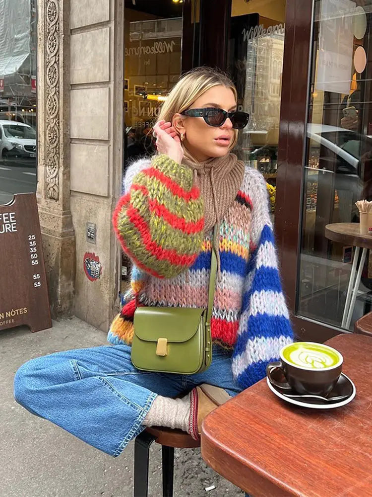 Women's Striped Knit Sweater Multicolor Long Sleeves