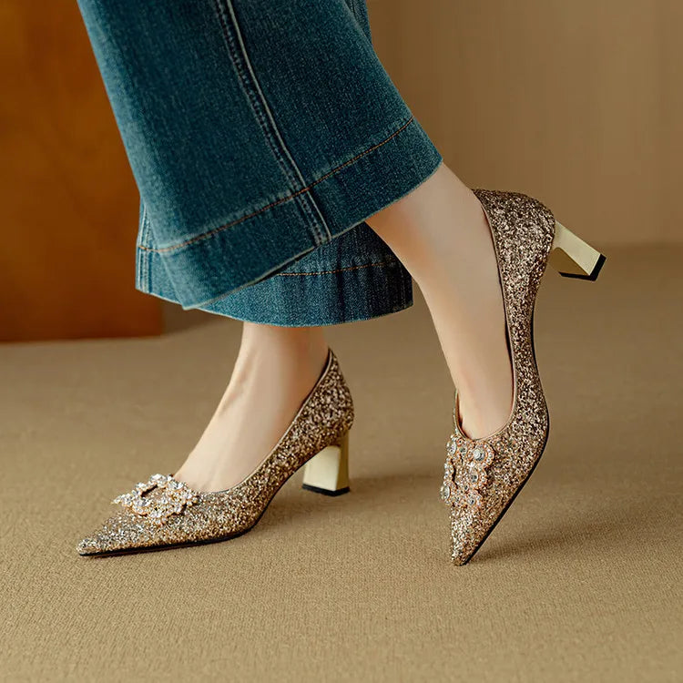 Sparkly High Heel Pumps with Crystal Strap Detail - VibreMode