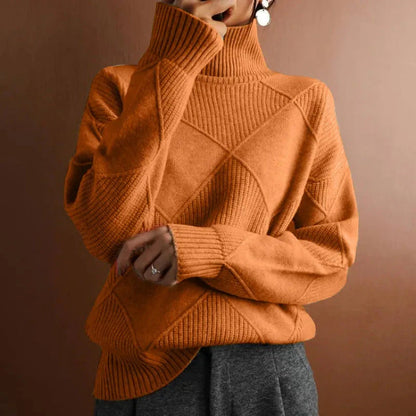 Geometric Ribbed Relaxed Fit Wool Turtleneck Sweater for Women – Cozy & Stylish Everyday Wear Caliboot
