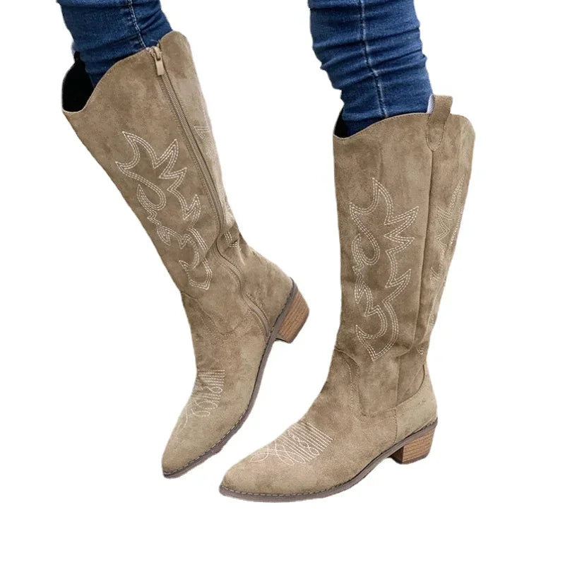 Women's Knee High Cowboy Boots Embroidered Design Chunky Heel