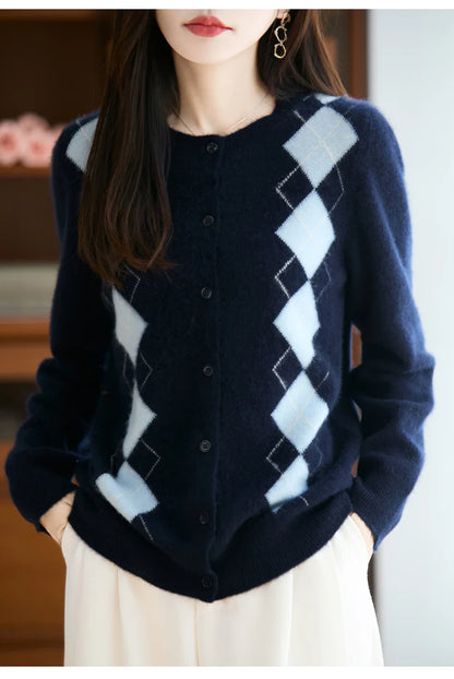 Merino Wool Blend Argyle Cardigan