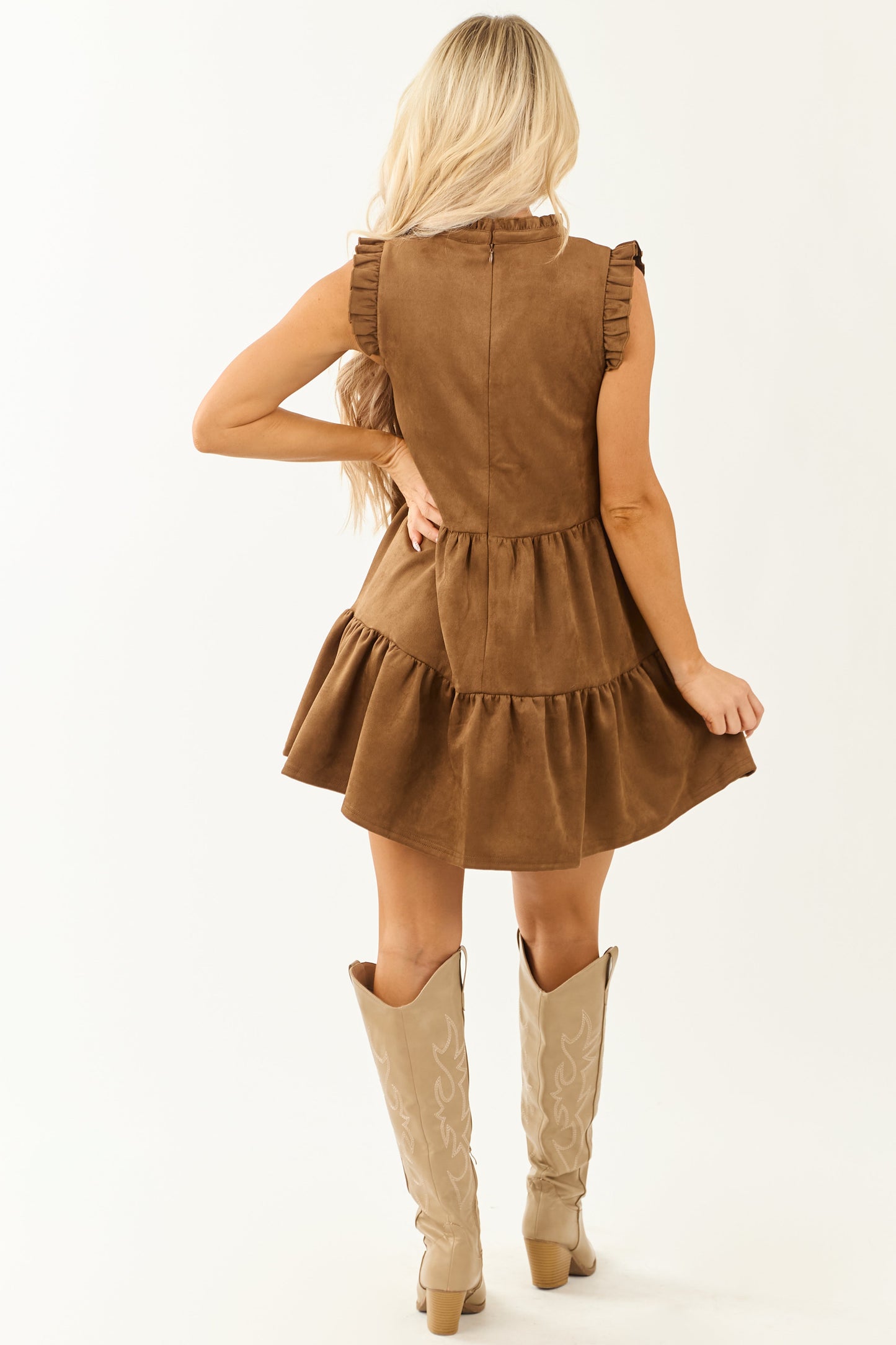 Women's Faux Suede Mini Dress Frill Cuffs Sepia