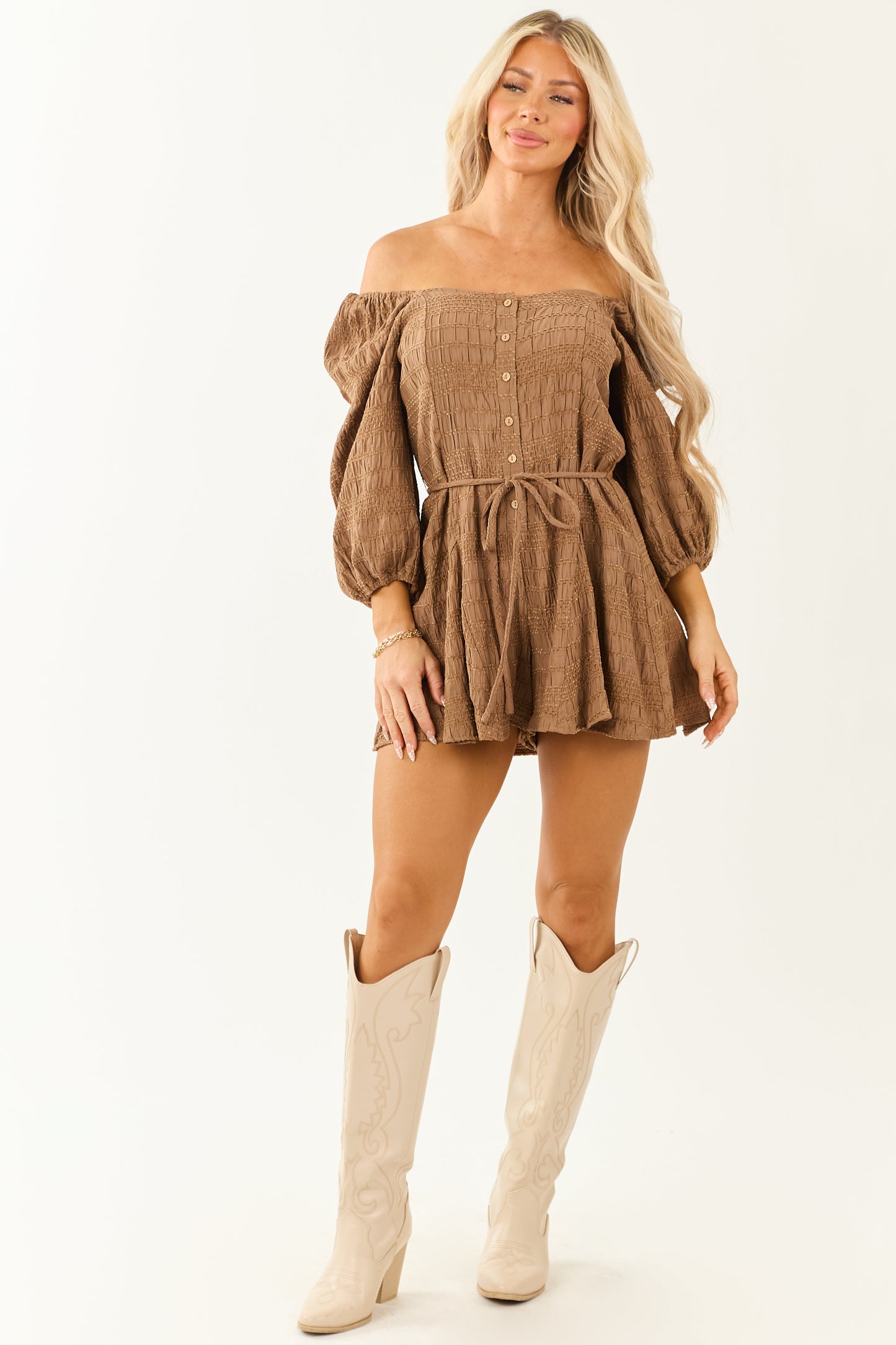 Women's Velvet Romper Wide Leg Puff Sleeve Sepia