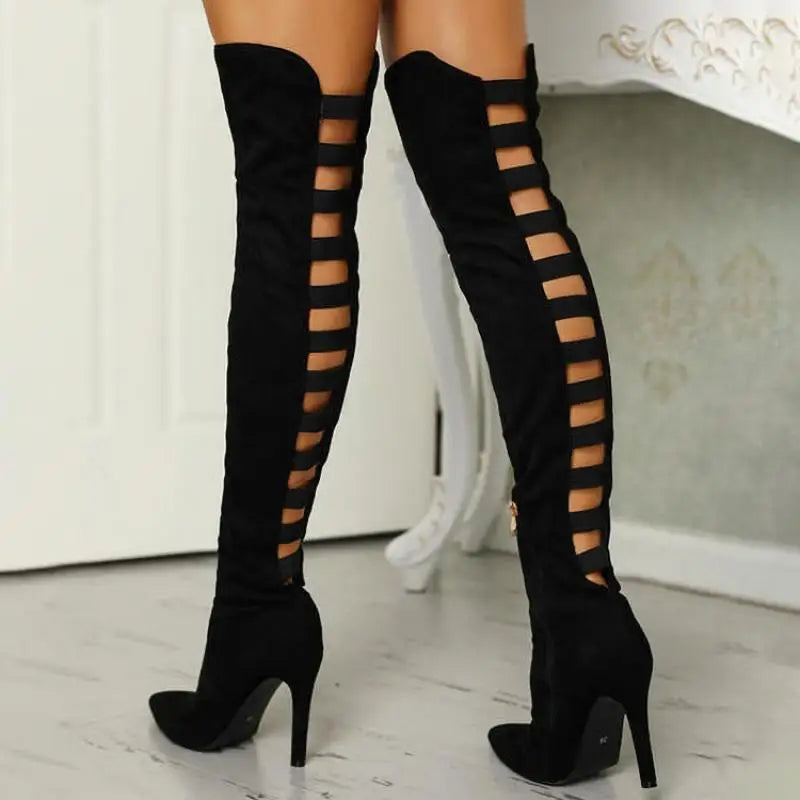 Sexy Women's High Cut Out Knee High Boots - VibreMode