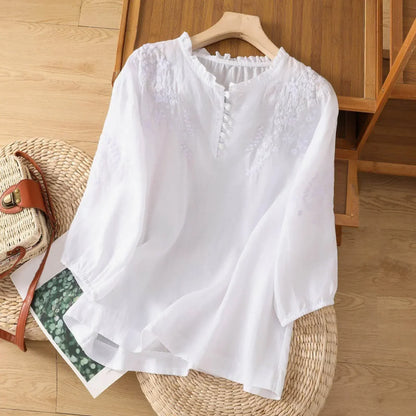 Women's Ruffle Blouse Embroidered Cotton White
