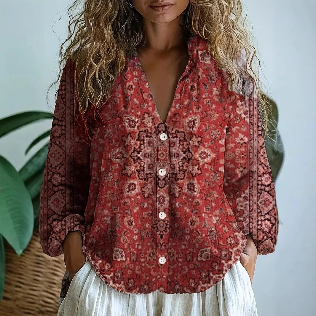 Women's Nature Print Blouse Split V-Neck