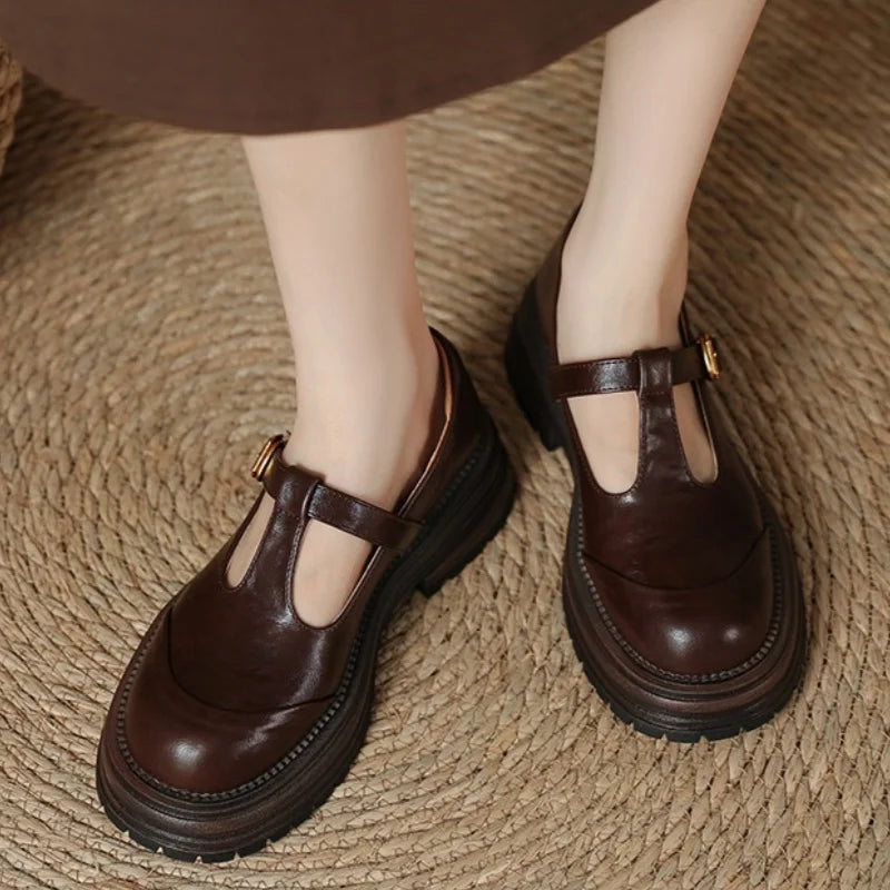 Women's T-Bar Mary Jane Shoes Round Toe Brogue Low Heel