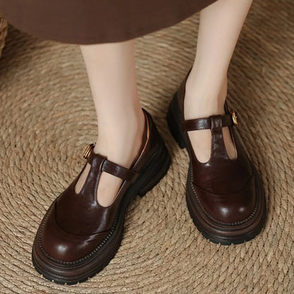 Women's T-Bar Mary Jane Shoes Round Toe Brogue Low Heel