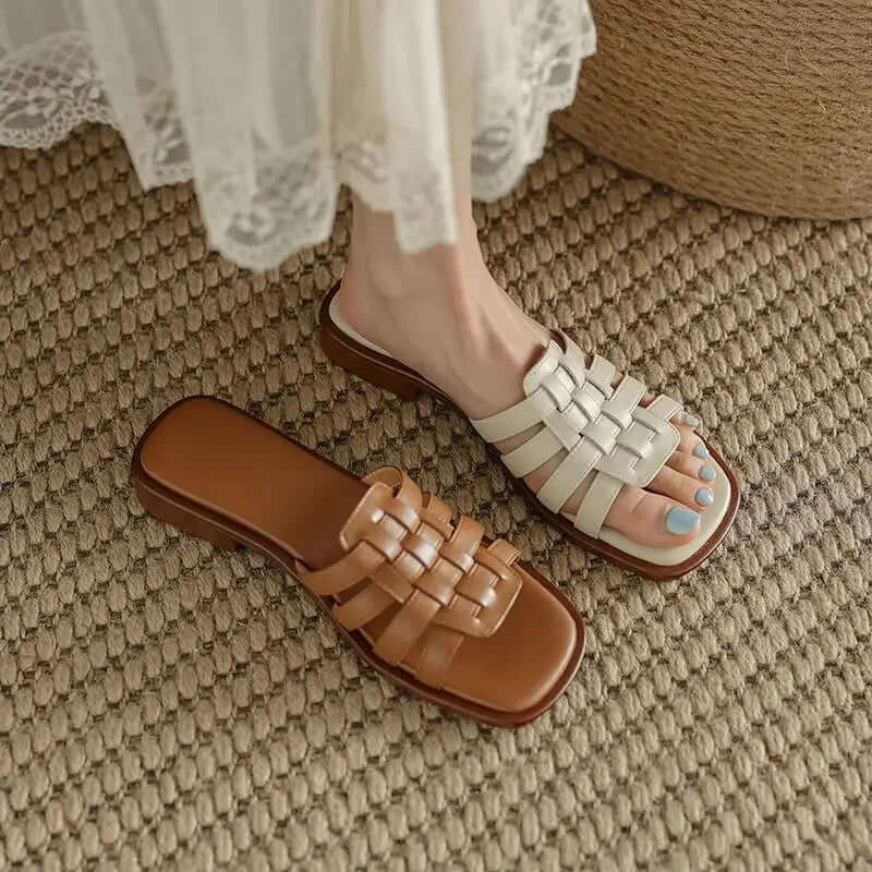 Women's Leather Flat Slides - VibreMode