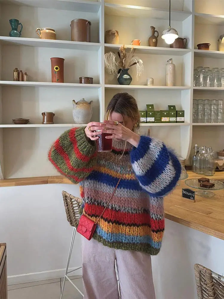 Women's Striped Knit Sweater Multicolor Long Sleeves - VibreMode