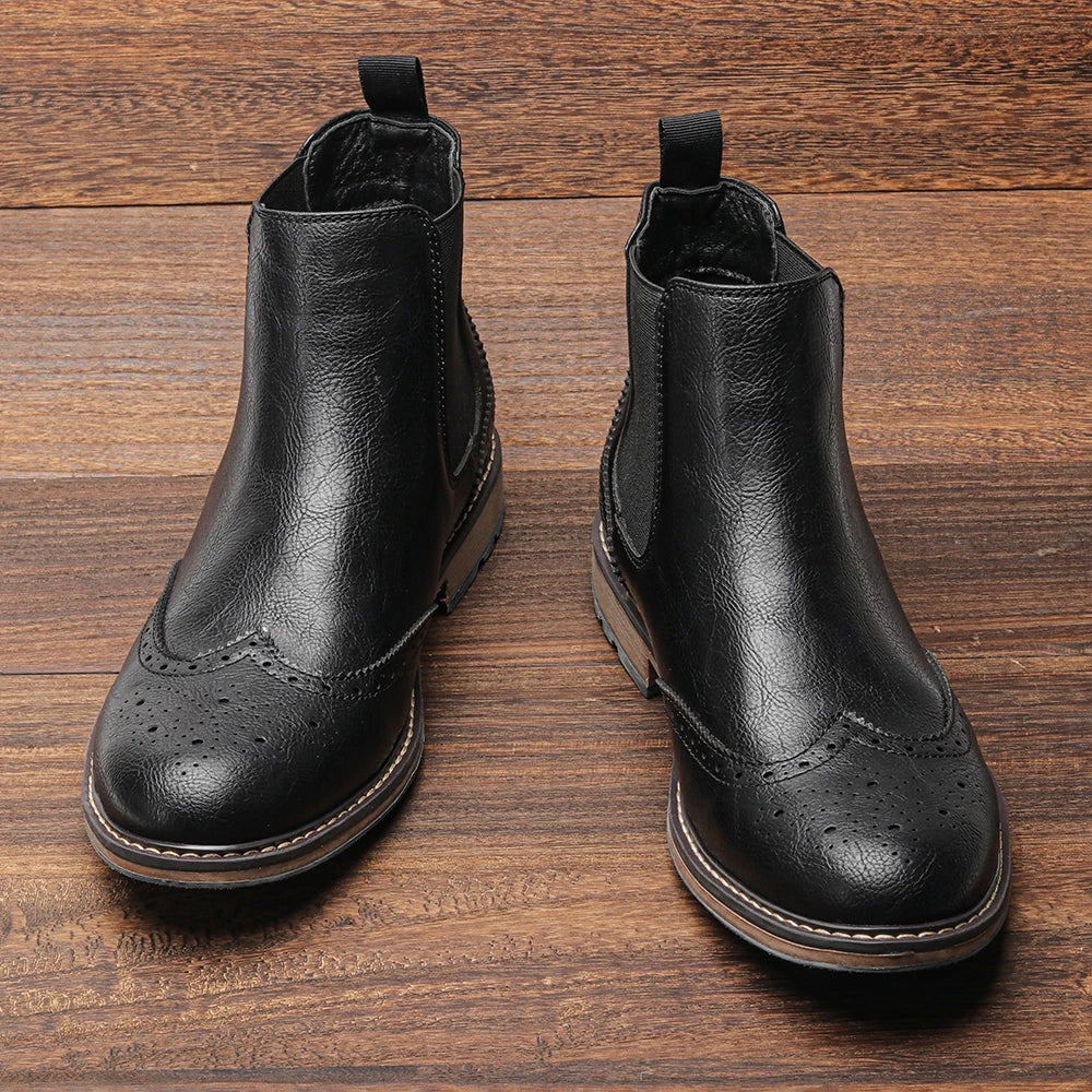 Men's Chelsea Ankle Boots Leather Brogue Style Black