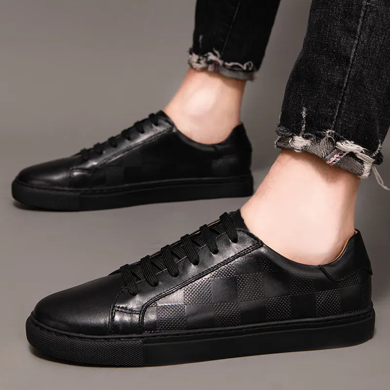 Men's Lace-Up Sneakers Low- Leather Comfortable Black