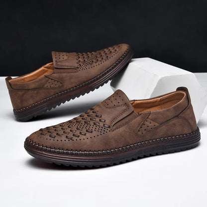Men's Perforated Loafers Textured Leather Upper