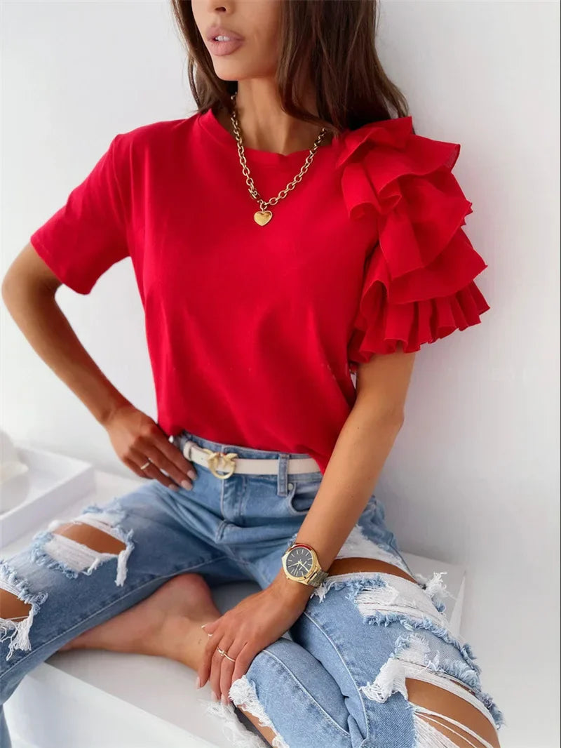 Fashionable Blouse with Flirty Ruffled Sleeves - VibreMode